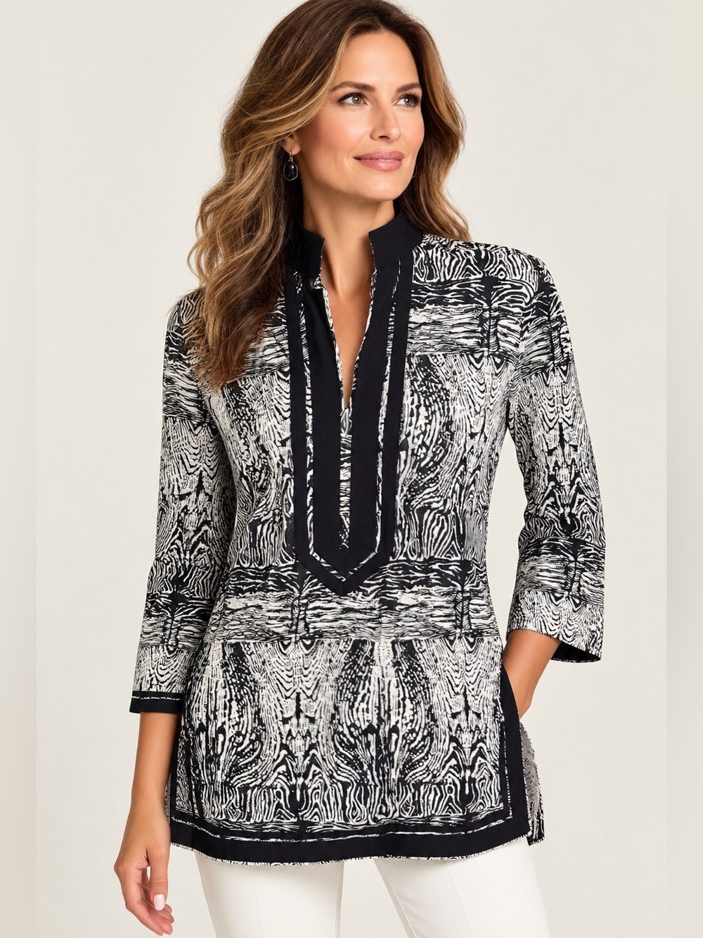 Dana Buchman Black and White Printed Tunic with Contrast Placket